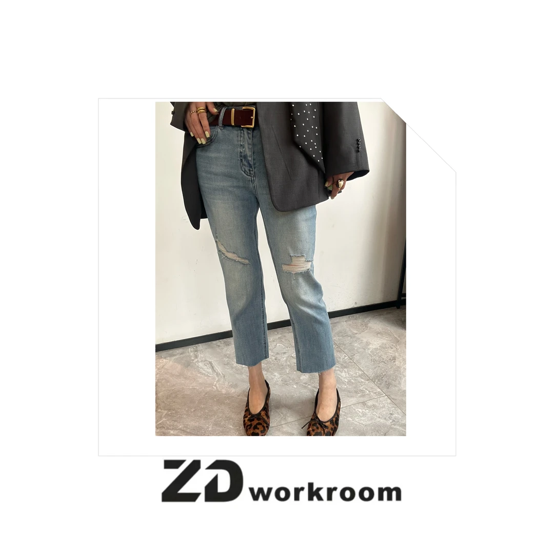 【Z.D/WORKROOM】25/26港风复古洗水破洞高弹九分烟管牛仔裤