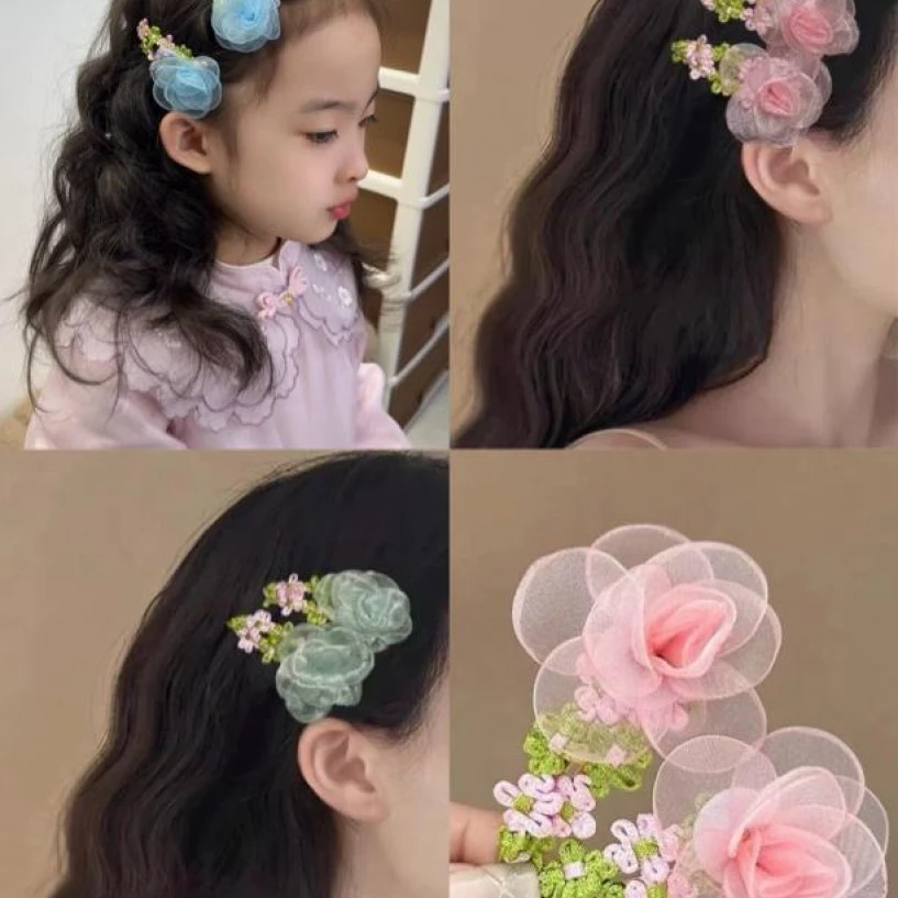 超仙网纱花朵发夹甜美粉色头花田园风氛围感刘海夹少女心侧边发夹