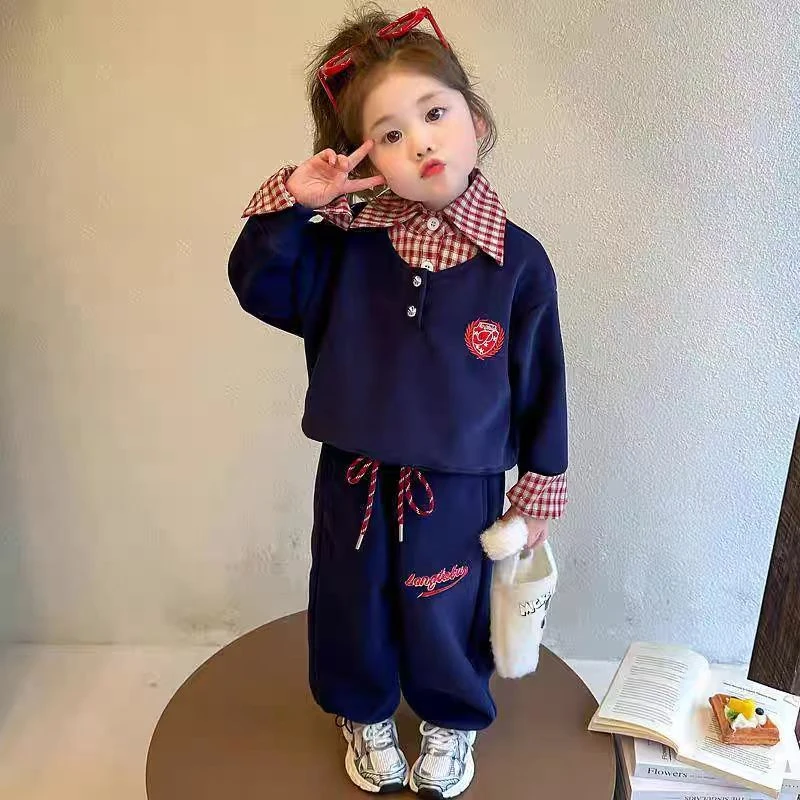 56004女童秋装2025新款女宝洋气时髦学院儿童休闲运动卫衣两件套