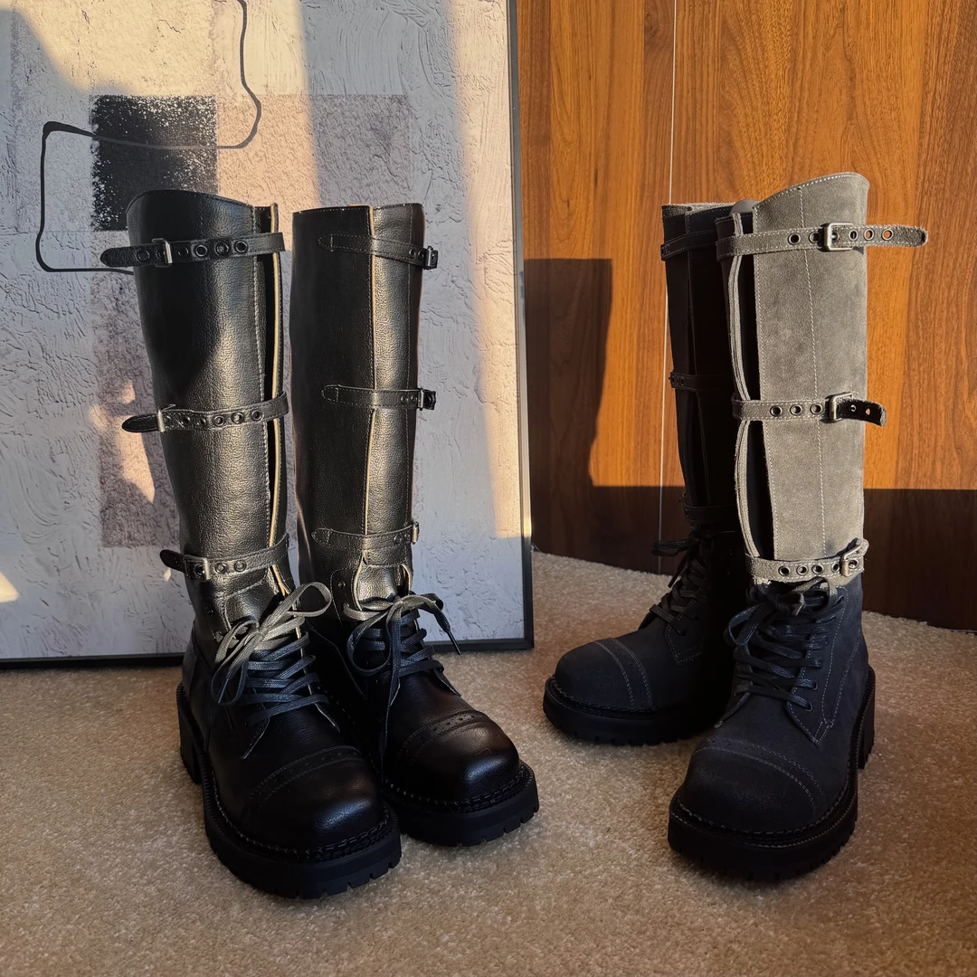 时尚百搭秋冬新款骑士靴复古增高小个子高筒长靴皮带扣设计长靴