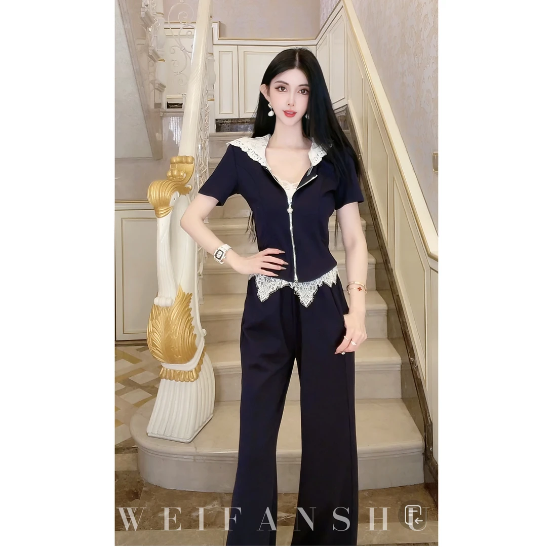 WEIFANSHU/魏凡舒【缤纷周末】早春新款设计感时尚蕾丝拼接通勤套装