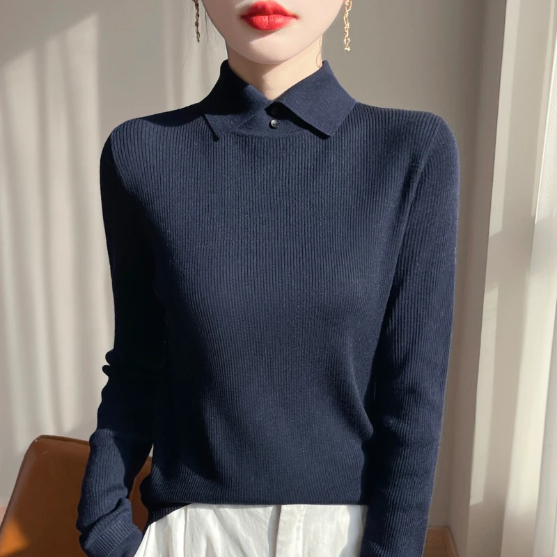 时尚品牌女装春秋时尚方领长袖针织衫百搭内搭长衫打底衫显瘦上衣
