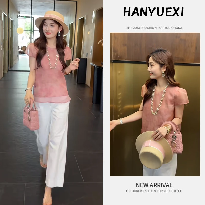 夏季时尚一整套女装2025新款新中式泡泡袖衬衫百搭休闲裤两件套潮