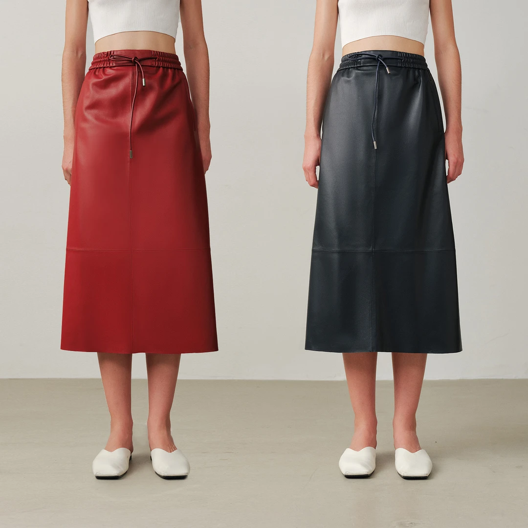 MARIUS"摩登裙"优质头层复古老钱显瘦抽绳松紧腰皮伞裙