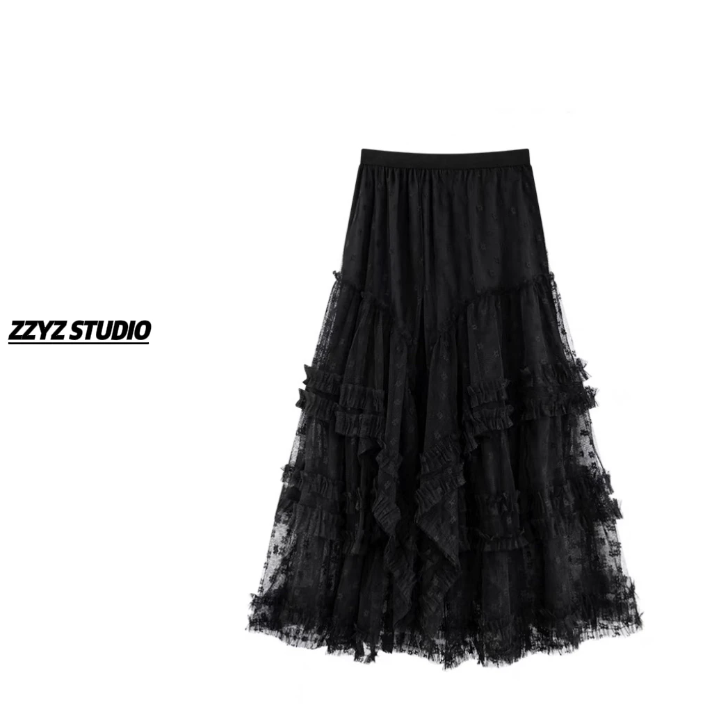 【ZZYZ】“轻法奶芙”蕾丝花朵网纱不规则荷叶边中长款蛋糕半身裙