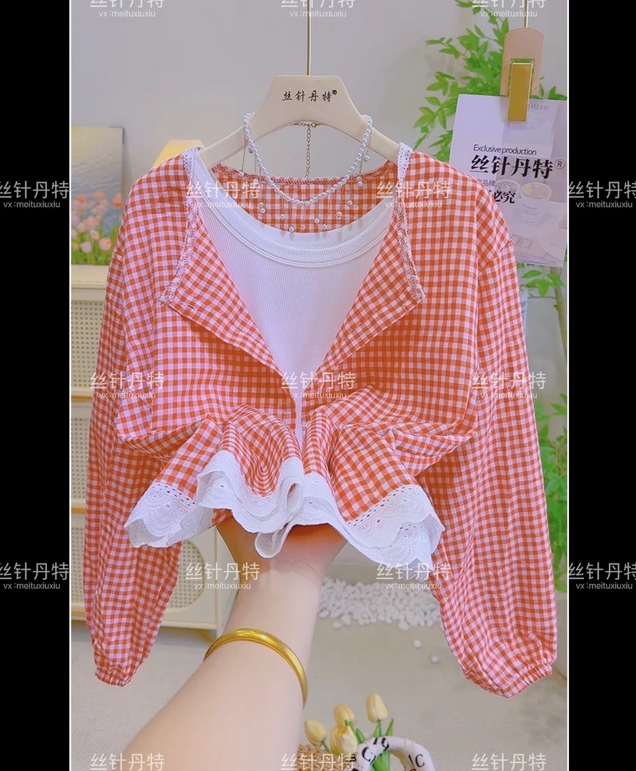 916夏季韩系甜妹慵懒风红色格子衬衫圆领拼接上衣