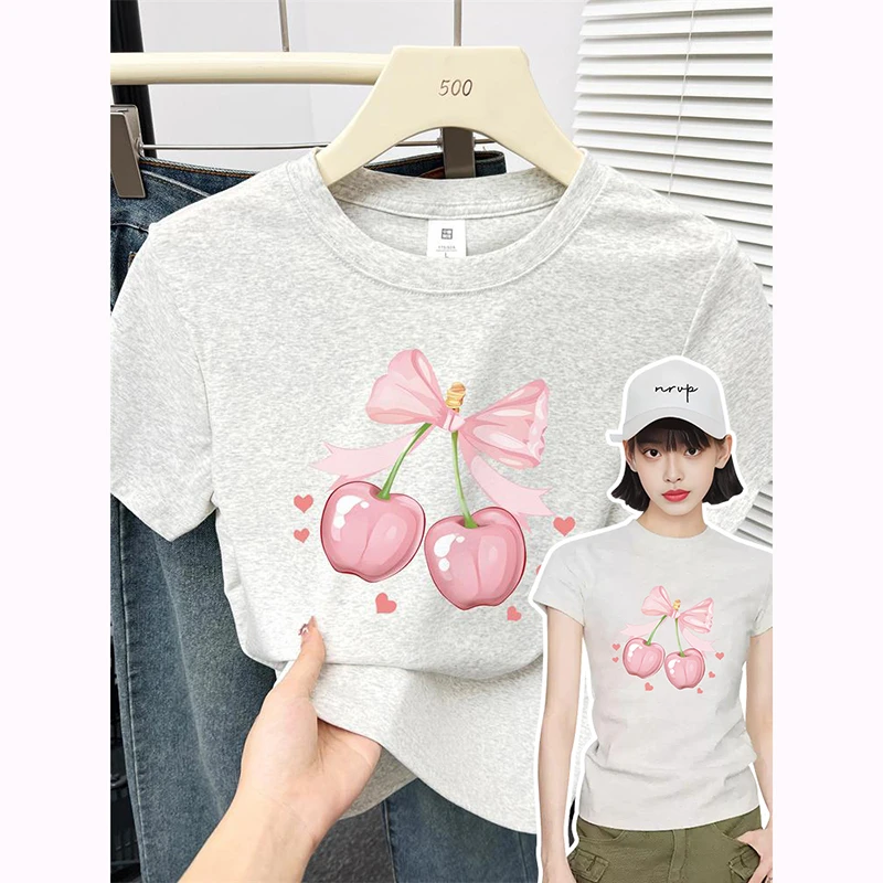 【运补】可爱樱桃蝴蝶结修身短袖t恤女夏季百搭休闲ins高弹力上衣潮