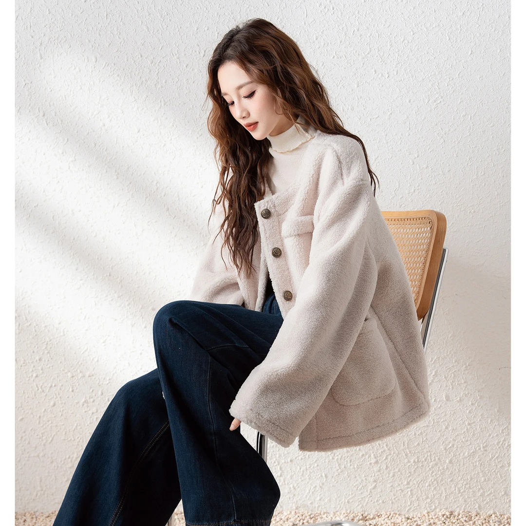 2E392 元旦新款无领净色仿羊羔毛外套温柔简约气质百搭休闲韩版潮