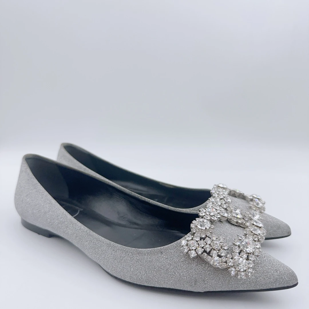 95新 Roger Vivier/罗杰·维威耶 36码/银色闪粉钻扣平底鞋/00627