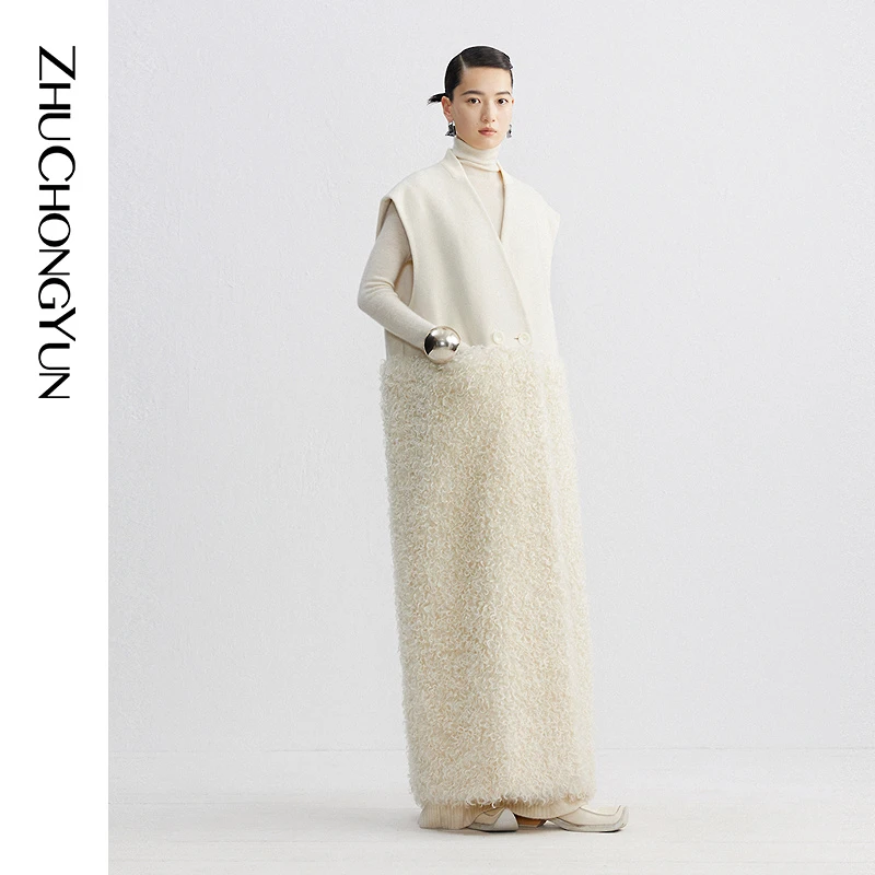 ZHUCHONGYUN冬季长款拼接马甲V领剪裁无袖外套C1DE41044C1DE41044