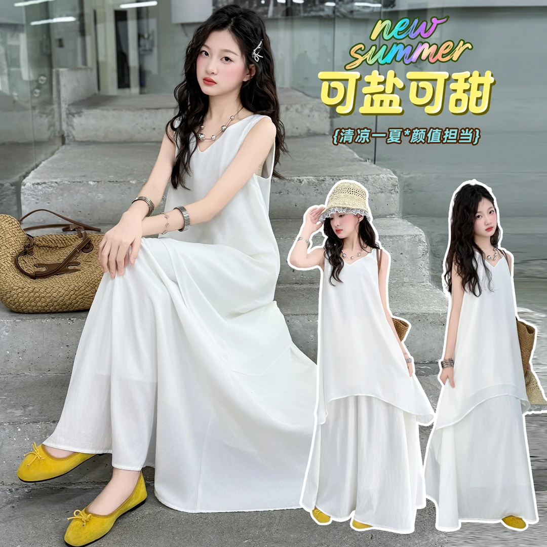 女童薄款套装2025新款甜美度假风温柔时尚休闲套装无袖夏装两件套