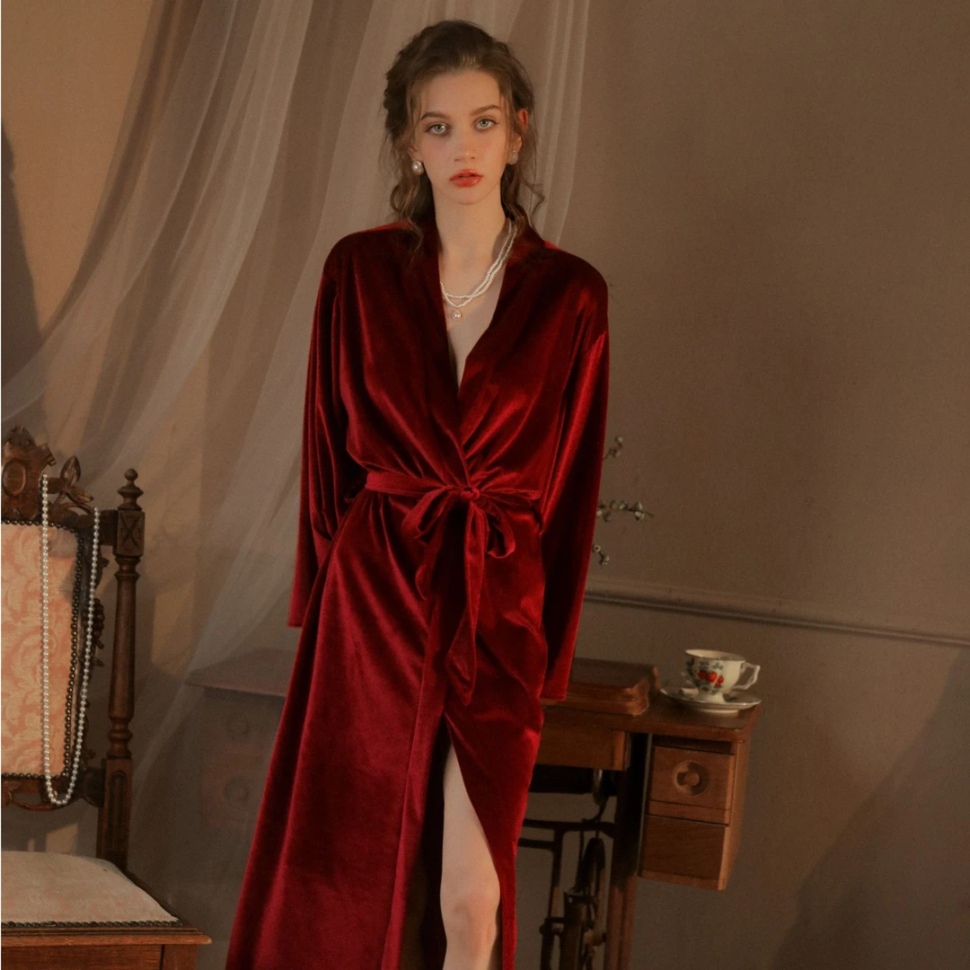 性感丝绒水袖晨袍女新娘伴娘长款睡袍爆款2025新款婚礼红色睡衣