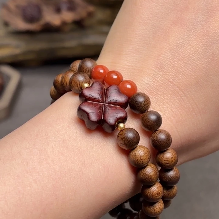 银S925镀金镶嵌沉香手串越南芽庄紫棋0.8➕紫檀四叶草设计