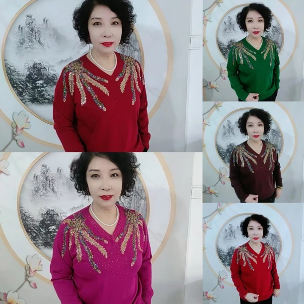 新款中老年V领凤尾钻时尚针织衫