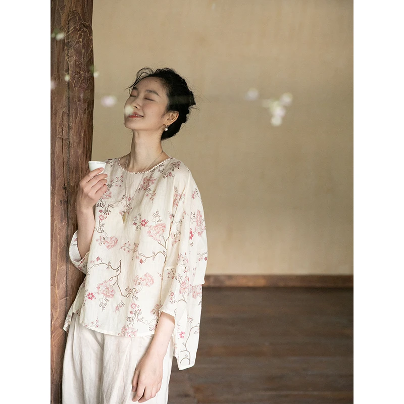 【纯苎麻】牧衣游原创夏季凉爽透气印花宽松百搭碎花上衣 酌一杯