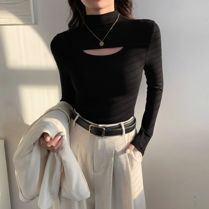 黑色针织镂空半高领打底衫女内搭2026秋冬新款洋气修身长袖上衣