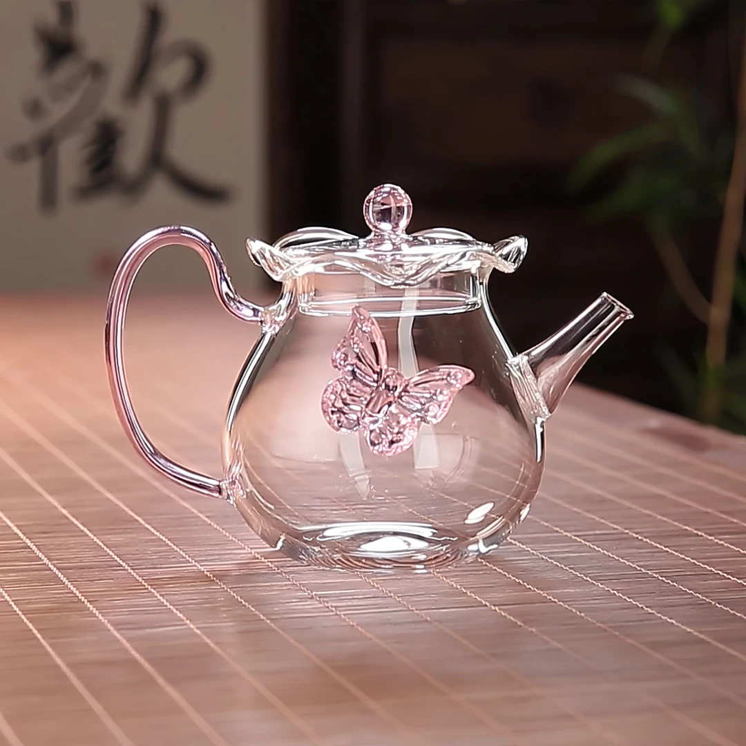 新款高硼硅耐热花口蝴蝶玻璃壶女士精致花果茶壶泡茶器
