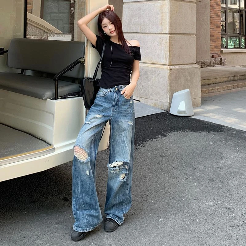 美式复古破洞直筒牛仔裤女2025春夏季新款宽松水洗休闲拖地裤子