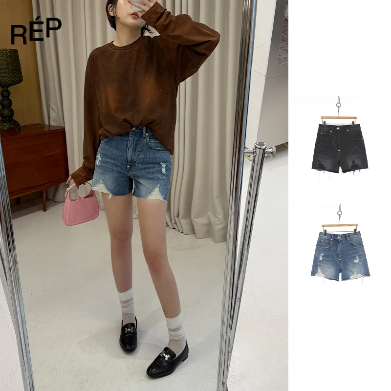 REP-PUSHBUTTON设计师品牌黑/蓝色破洞牛仔短裤 25SS zero系列