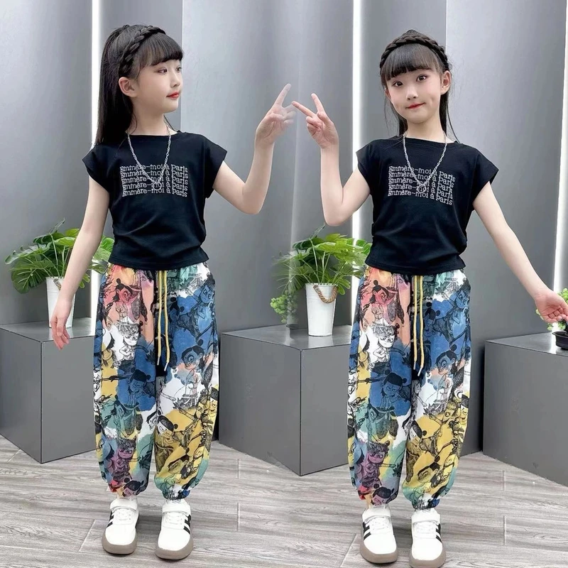 女童哪吒印花防蚊裤2025新款夏季字母烫钻短袖休闲灯笼裤套装6-12