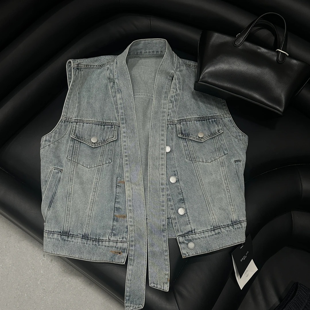 【格子家】韩版长领牛仔马甲--A828