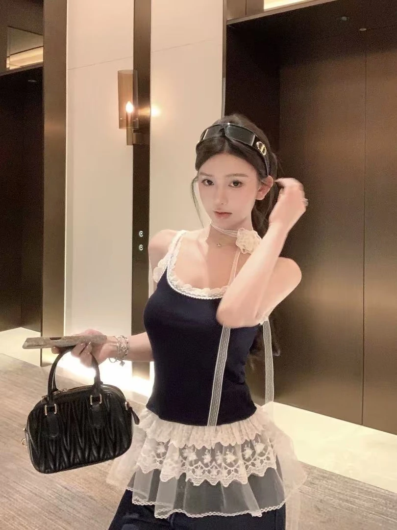 荷叶边蕾丝吊带背心纯欲辣妹蕾丝边裙-0017