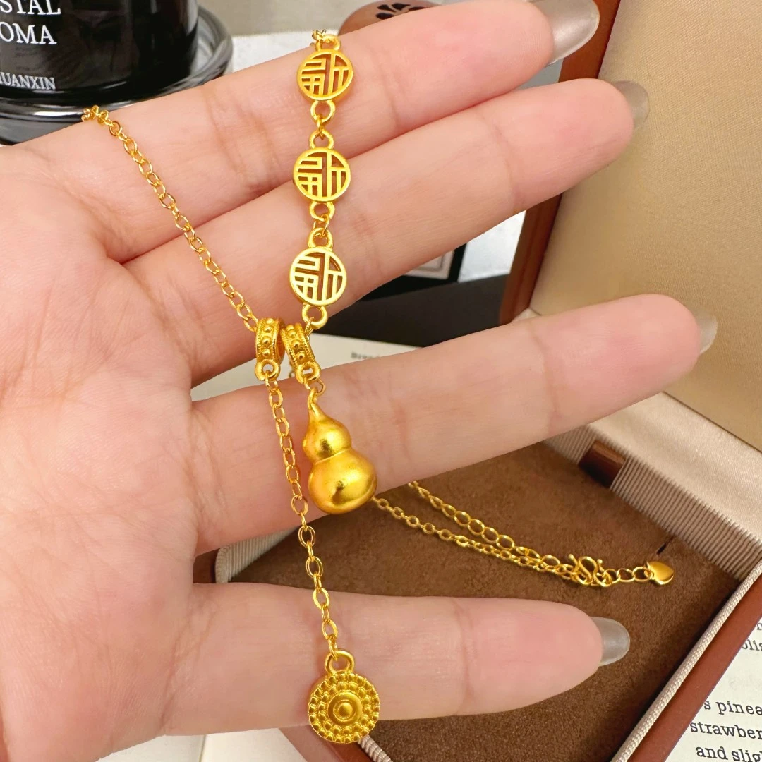 铜合金项链 【高工版】古法錾刻福禄钱币葫芦流苏锁骨套链项链金色