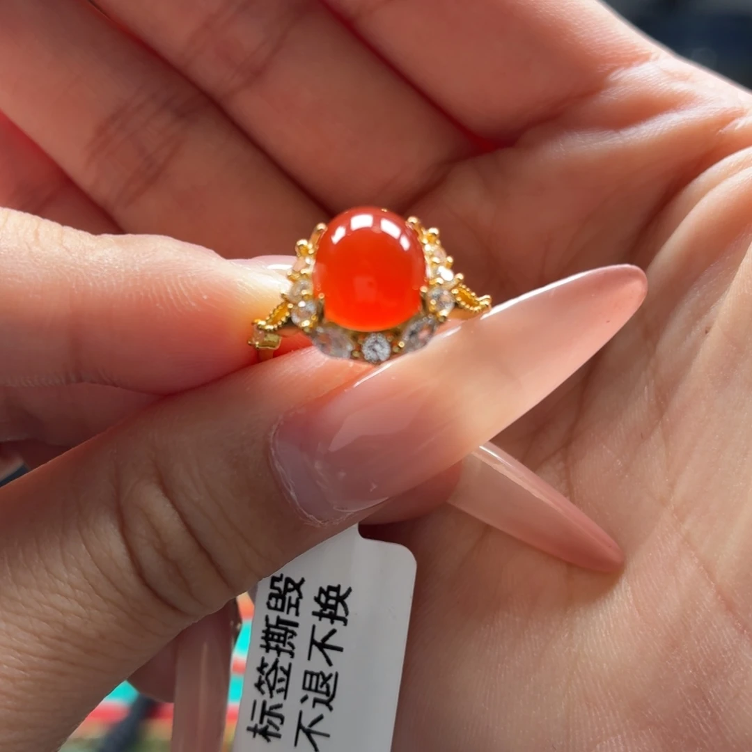 南红玛瑙银S925镶嵌女戒原矿保山南红小庄冰红女戒