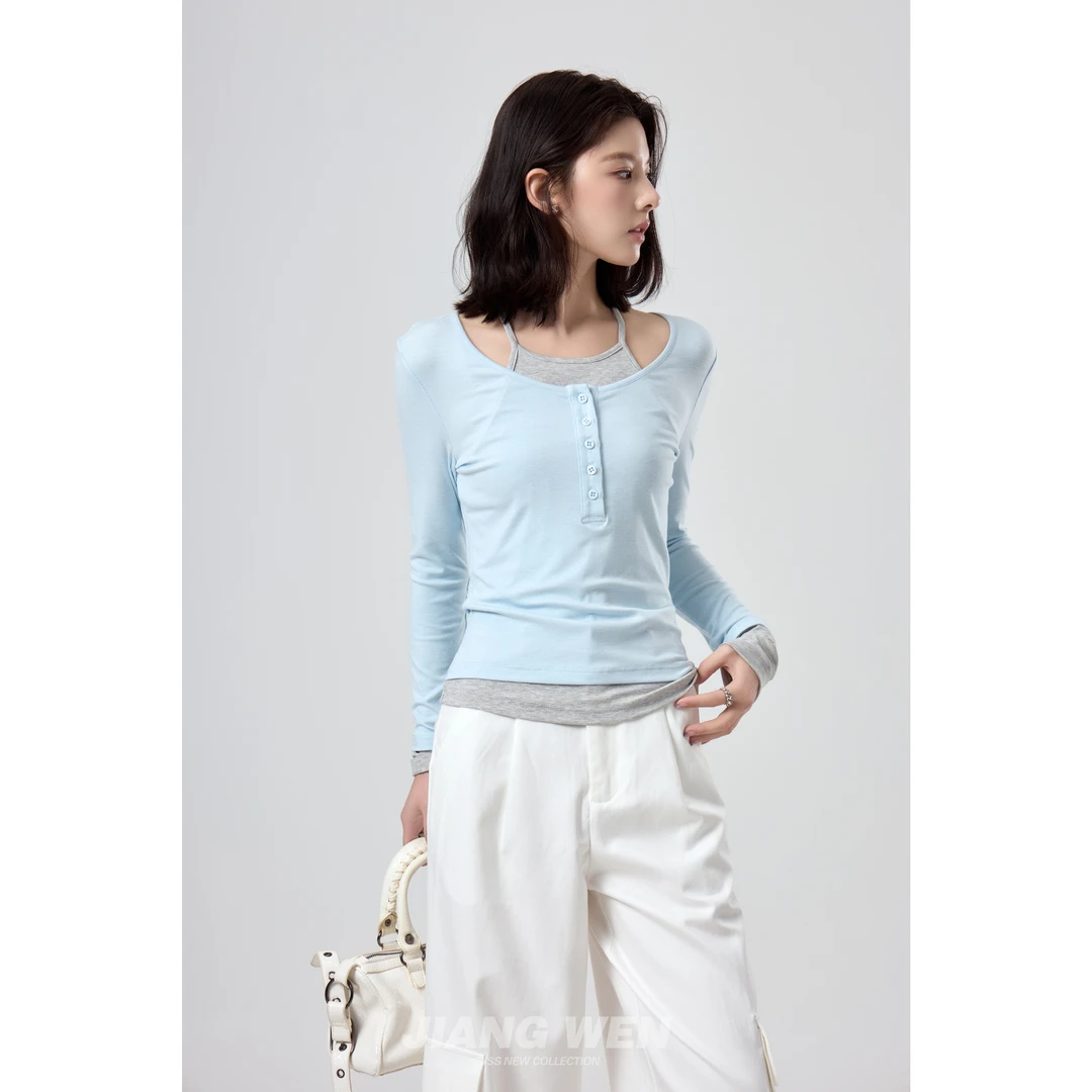 UKILAU【马德里假日】挂脖假两件撞色针织长袖T恤