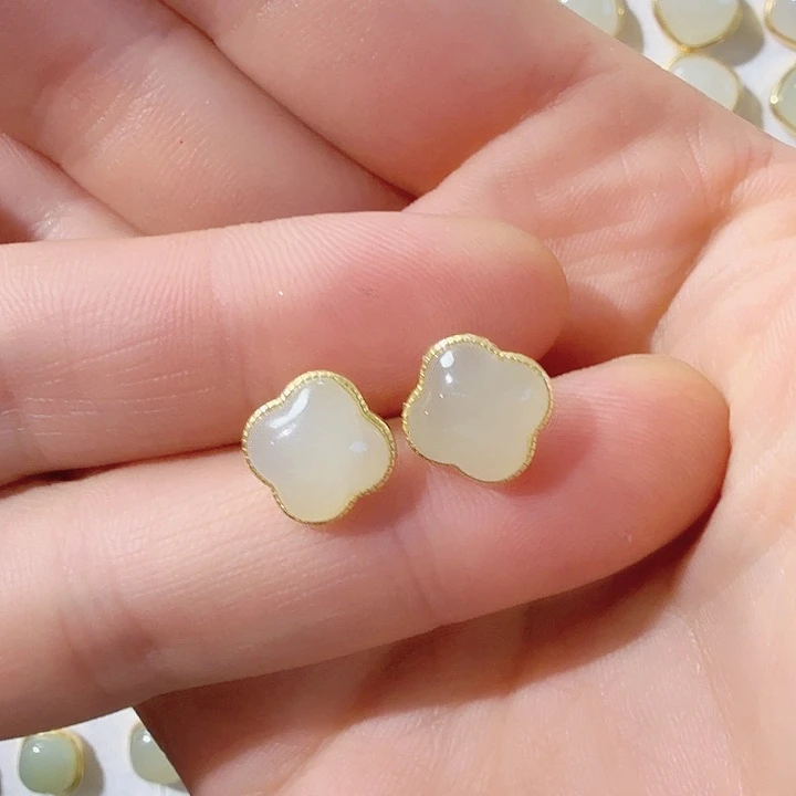 和田玉银S925镀金镶嵌耳饰