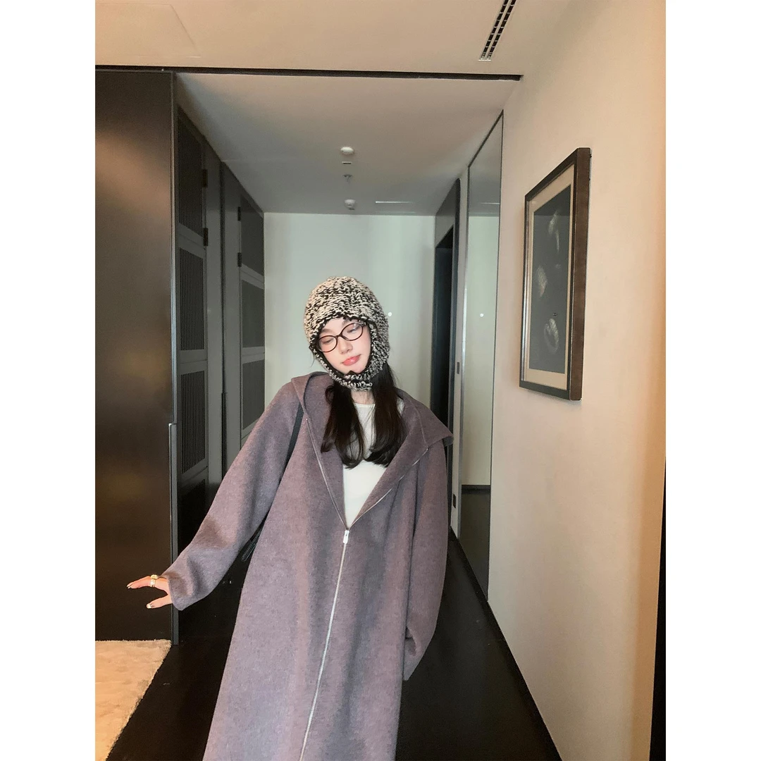 区区欧阳 羊毛双面呢大衣女冬季宽松中长款呢子拉链连帽毛呢外套