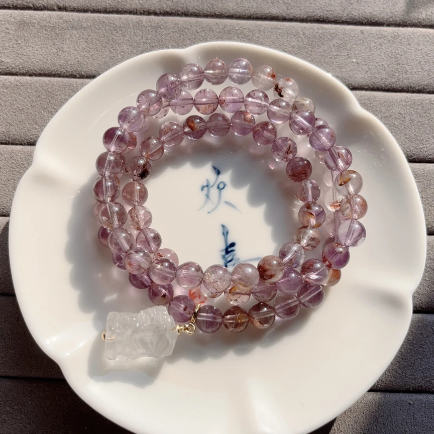 天然紫钛幽灵三圈白水晶札基手串