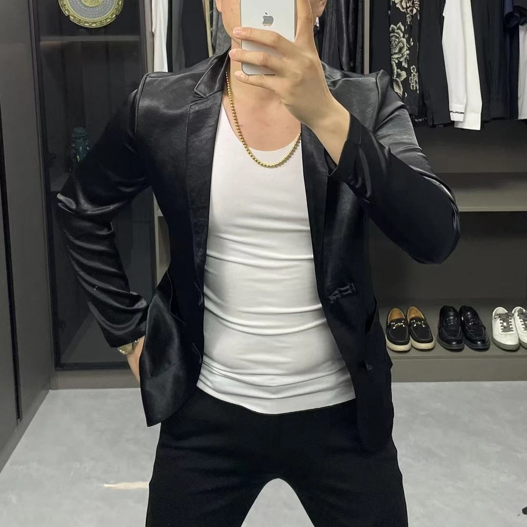 2025夏季新款男士防晒修身盘扣西服套装休闲帅气轻奢丝滑透气老钱