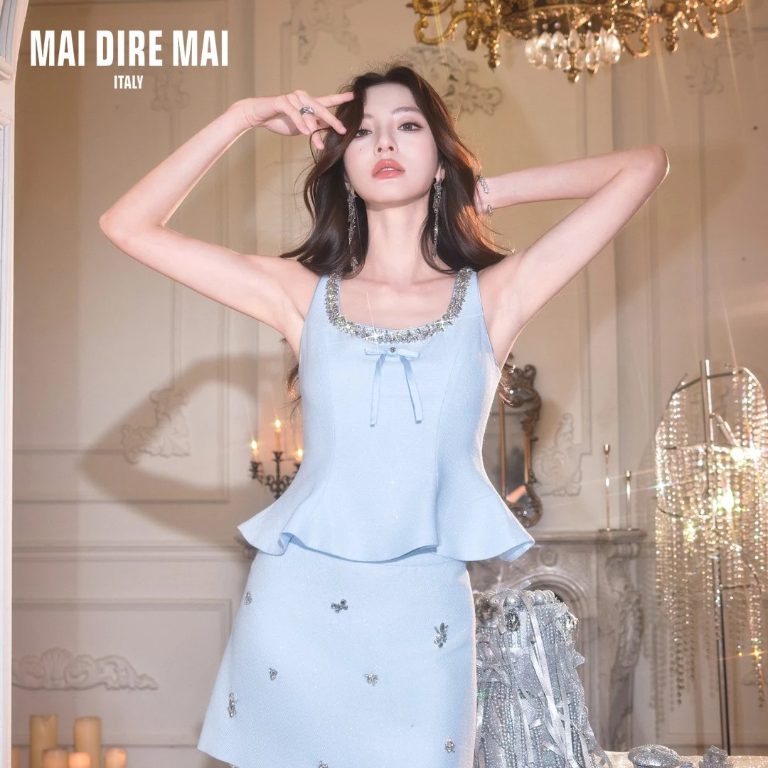 MAI DIRE MAI钻链翘摆蝴蝶结上衣碎钻A字短半裙女夏时尚套装优雅