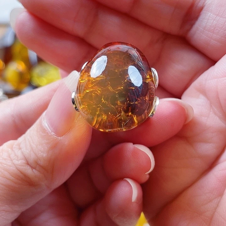 琥珀银S925镶嵌裸石戒指