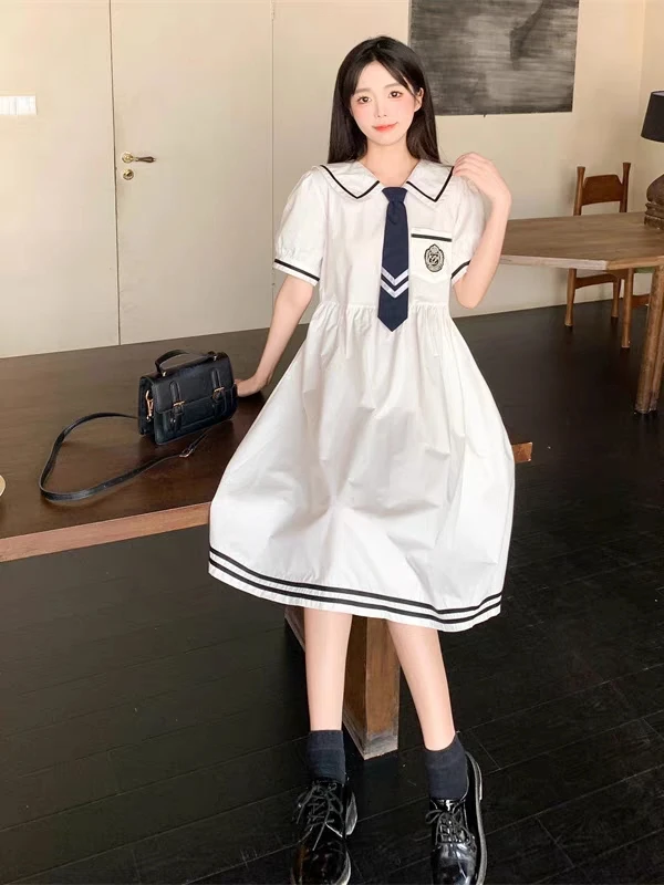 【仪陇衣世界】C80210夏季学生收腰学院风娃娃领显瘦宽松裙