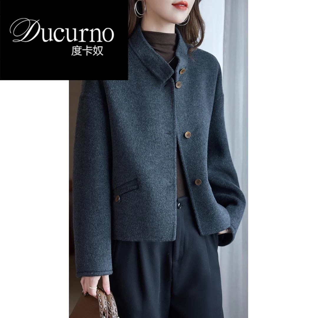 洋气立领双面呢大衣女2025秋冬新款休闲韩版单排扣毛呢外套百搭