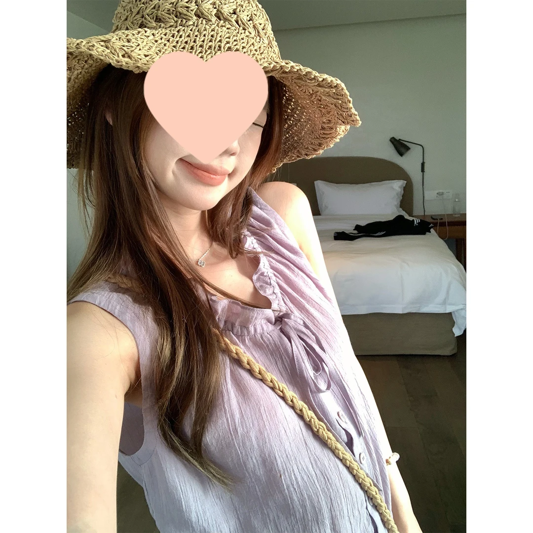 【5.20晚8点】向 松黎茶语‘苎麻木耳边刺绣无袖系带荷叶边小衫S