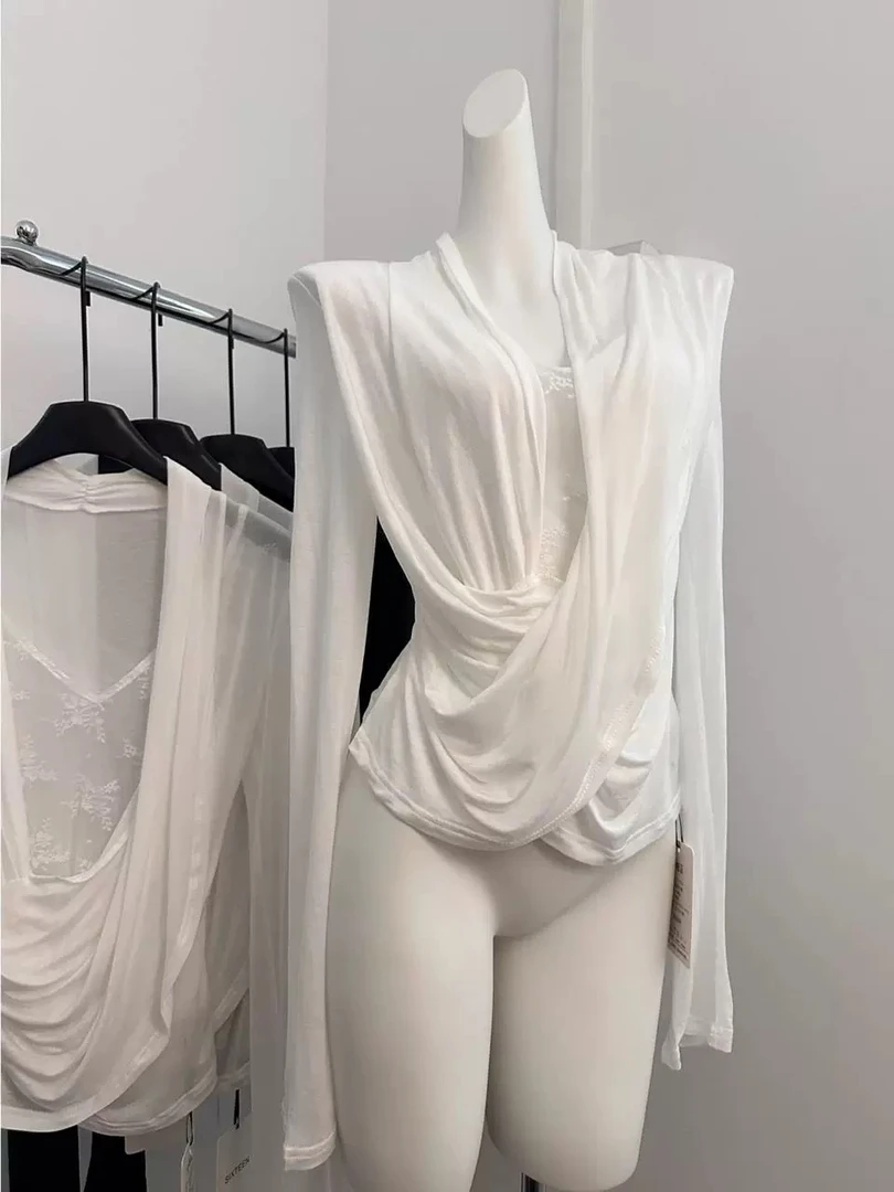 AL SHOP【深度诱惑】韩系交叉荡领小心机假两件长袖T拼接蕾丝上衣