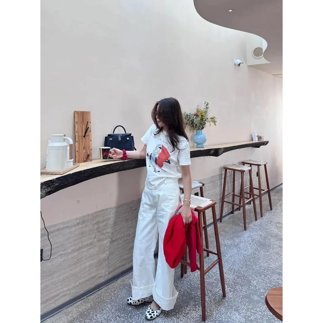 韩系白色趣味印花短袖T恤2025春夏新款设计感小众上衣百搭直筒裤