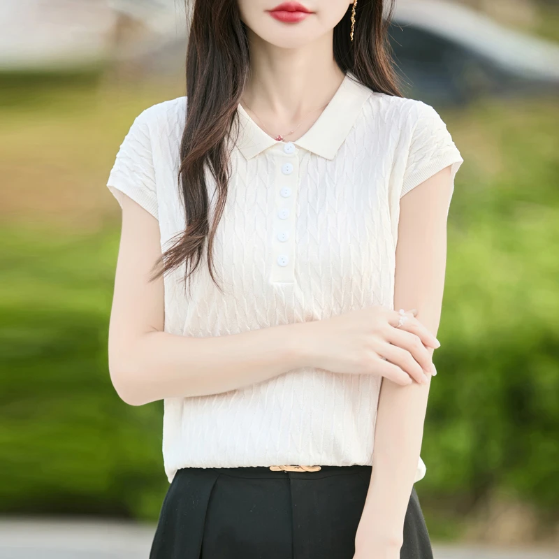 短袖夏季POLO领T恤包袖毛针织衫白色显瘦设计感宽松修身时尚