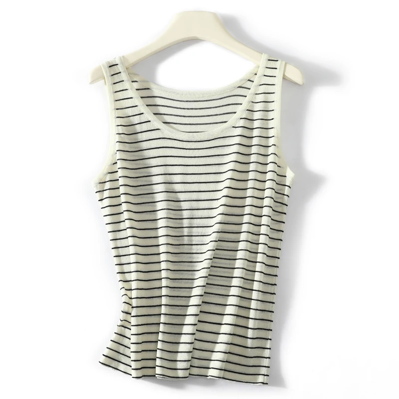 夏季通勤透气舒适宽松大U领女士条纹内搭百搭外穿无袖T恤