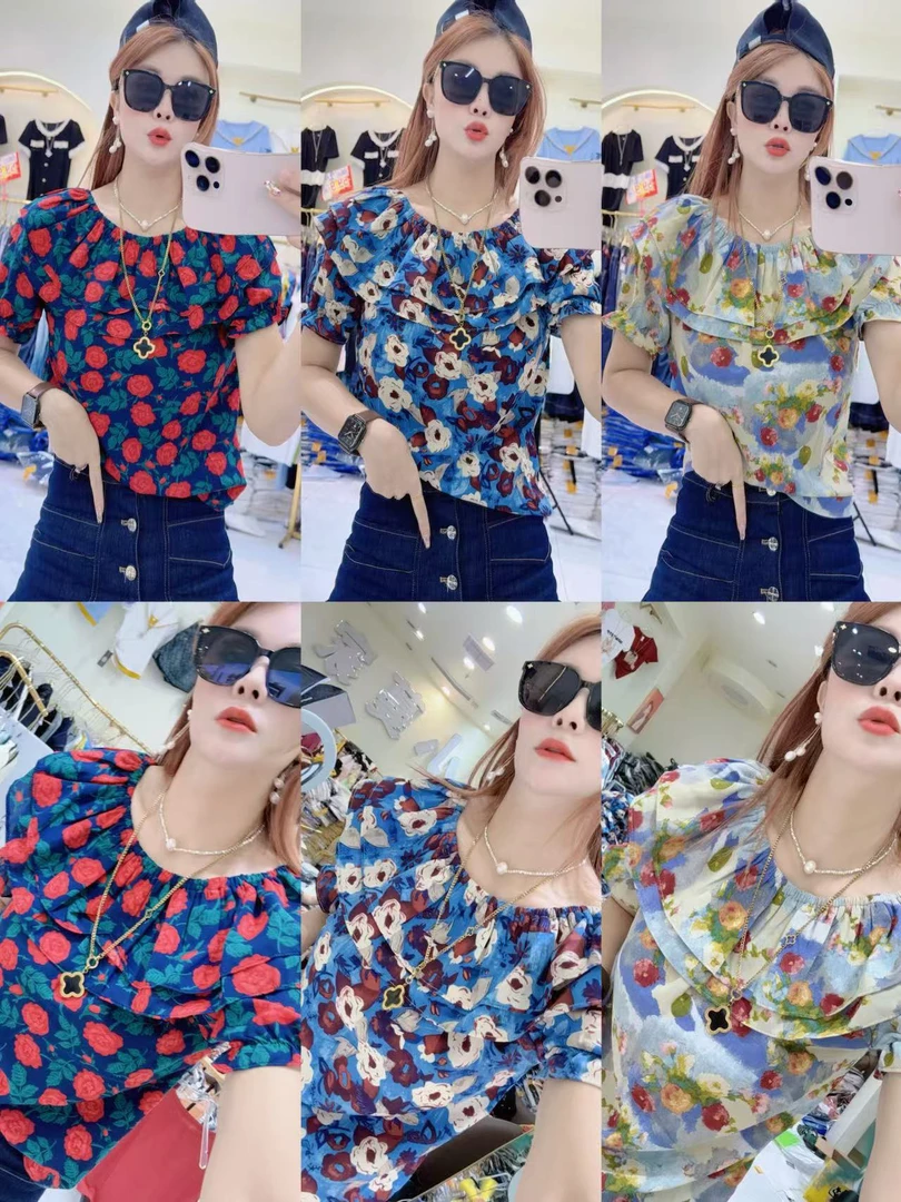 夏季冰感碎花雪纺一字肩上衣荷叶边设计洋气2031(2）