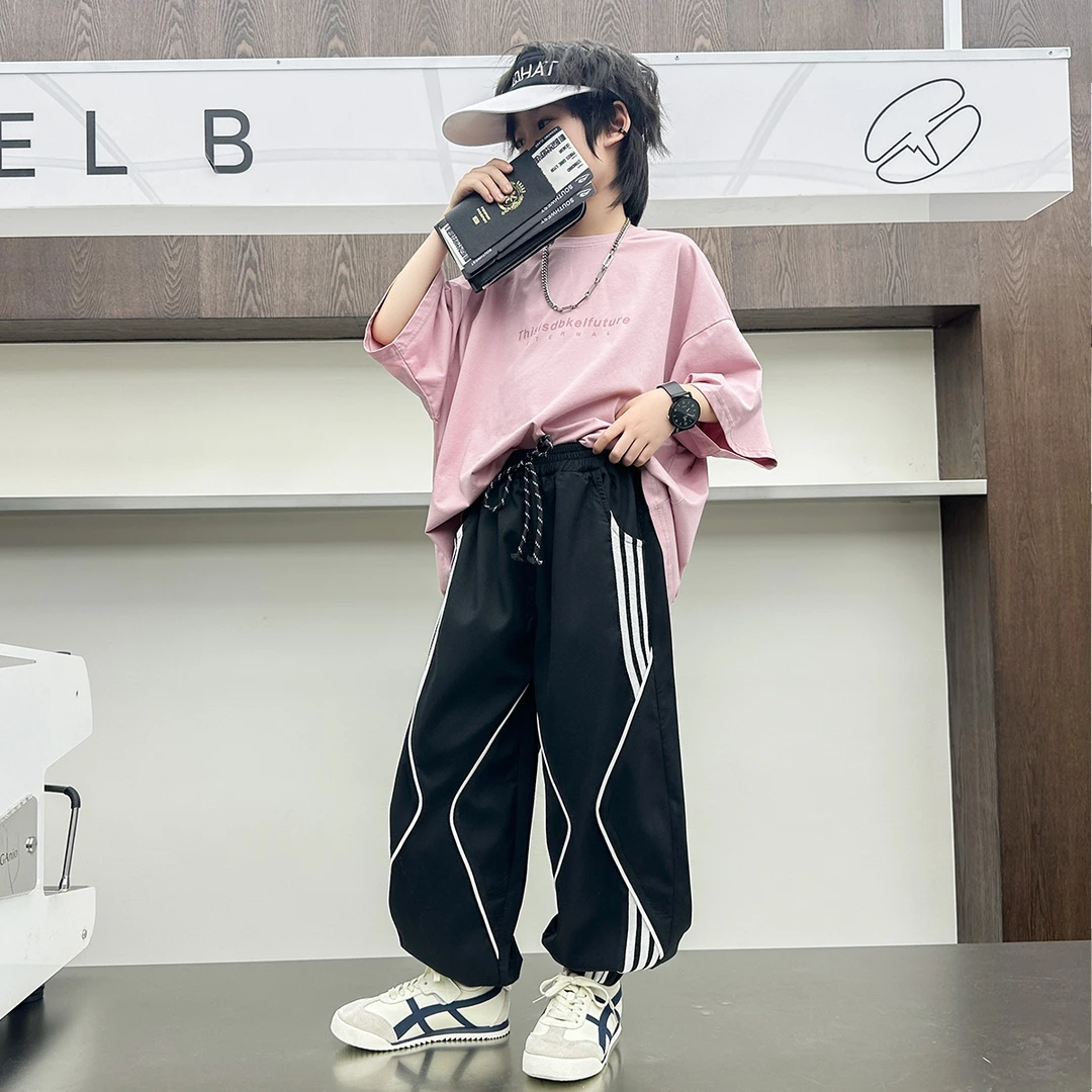 Y【睿轩】儿童街舞休闲裤炸街童裤2025春夏黑色拉条嘻哈风长裤16005