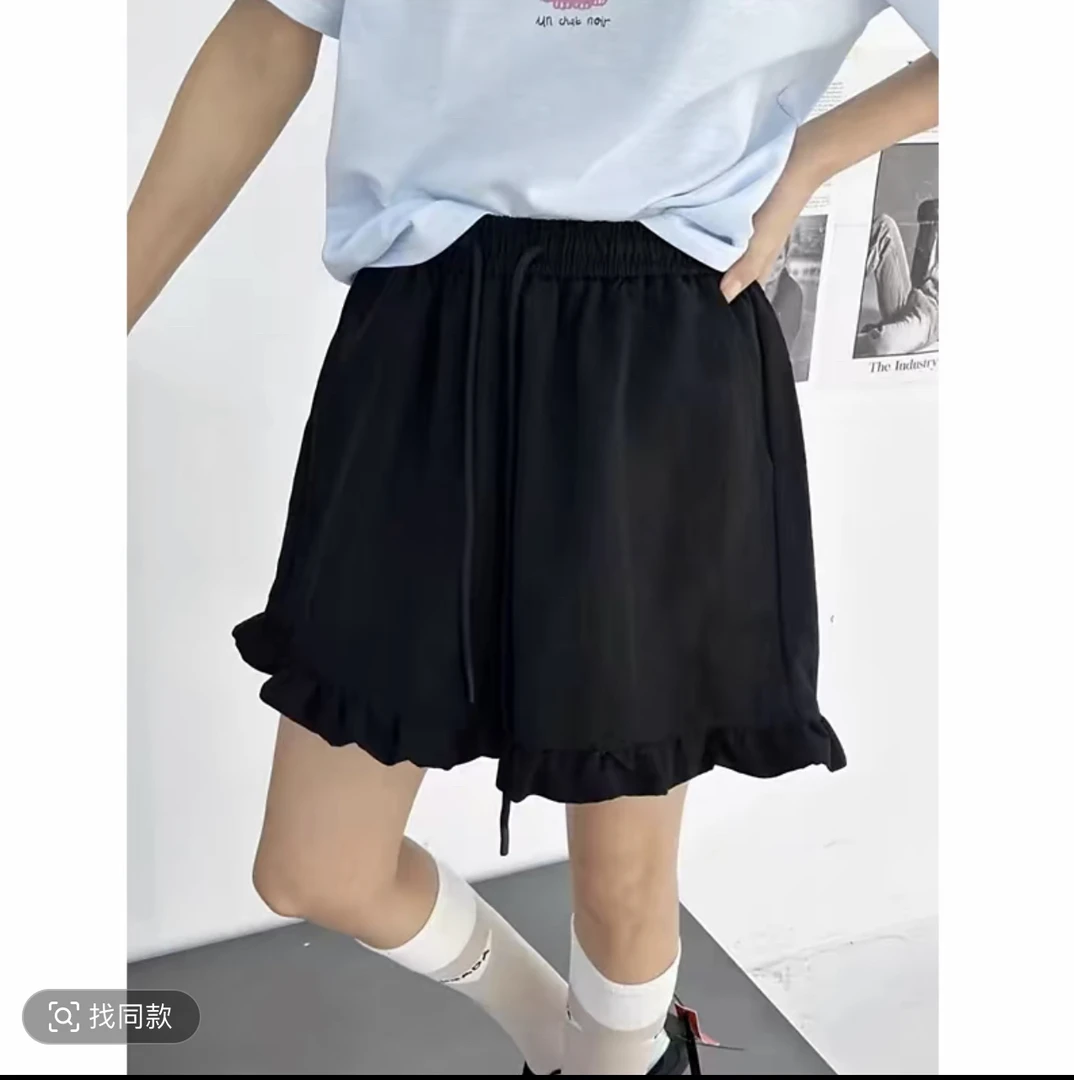 木耳边天丝麻短裤1992松紧腰显瘦百搭半身裤