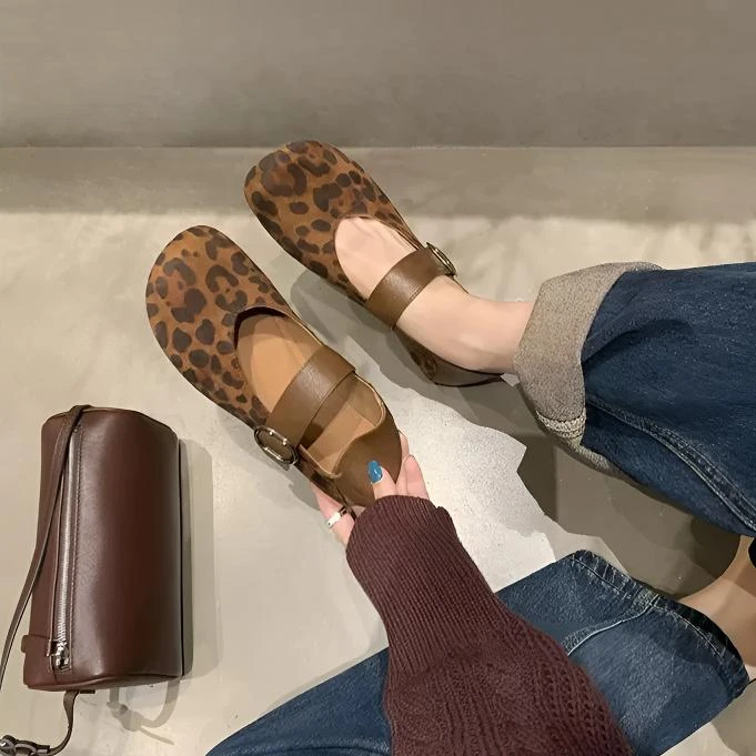 复古玛丽珍鞋浅口豹纹单鞋英伦风平底鞋圆头平底鞋女单鞋百搭女鞋