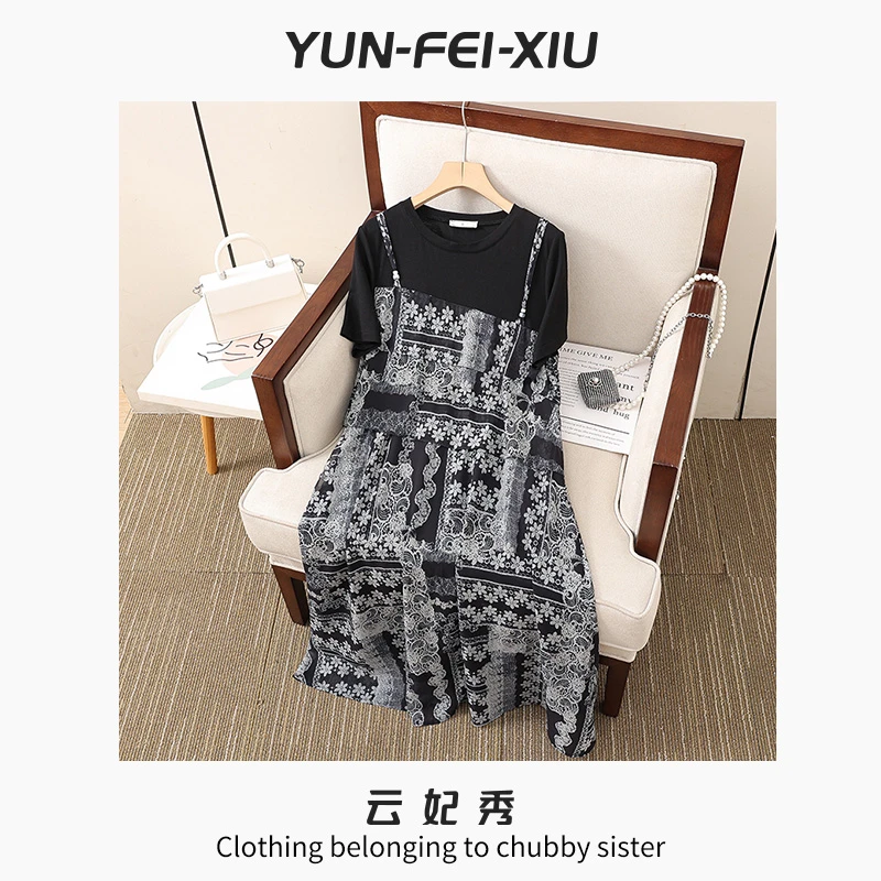 云妃秀大码女装连衣裙胖妹妹显瘦宽松圆领减龄百搭遮肉夏22155