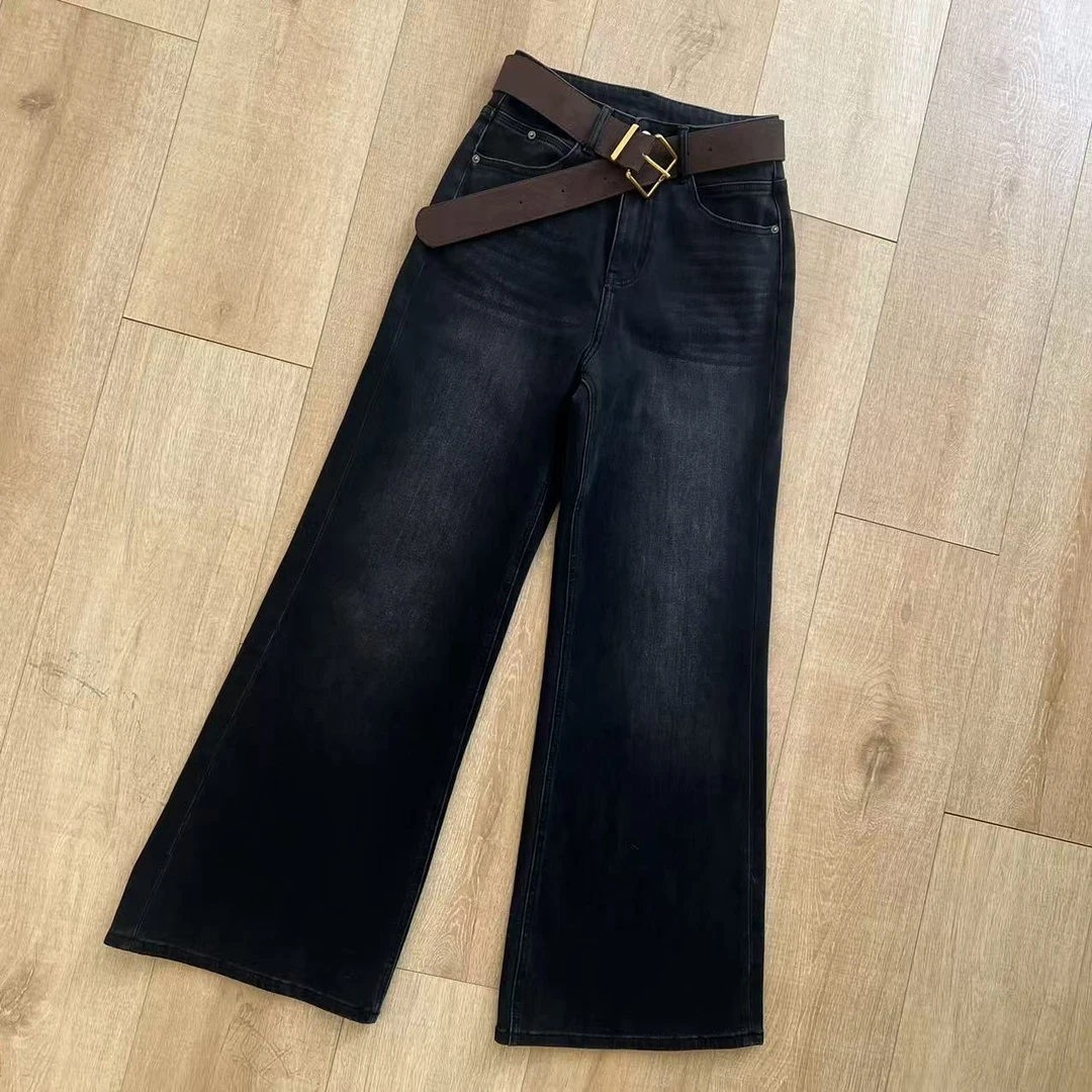 松弛感碳黑色复古绒里牛仔裤高腰垂感设计显瘦阔腿喇叭裤（配腰带）