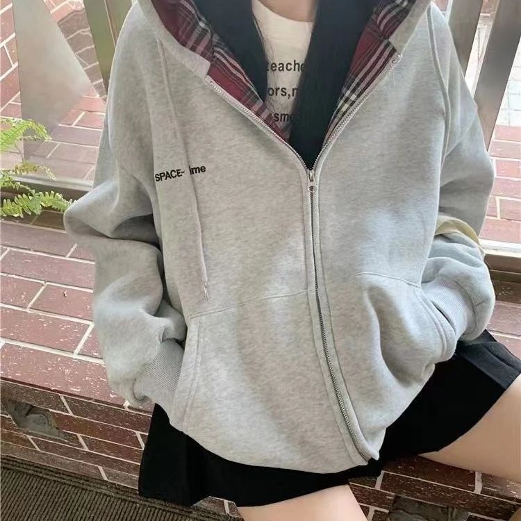 这件好好搭!!!【格子拼接】韩系校园风连帽卫衣女INS韩版开衫外套