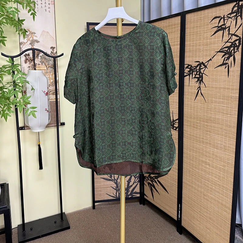 【绿苒宝相花】新中式短袖休闲百搭时尚透气夏季半袖宽松提花舒适